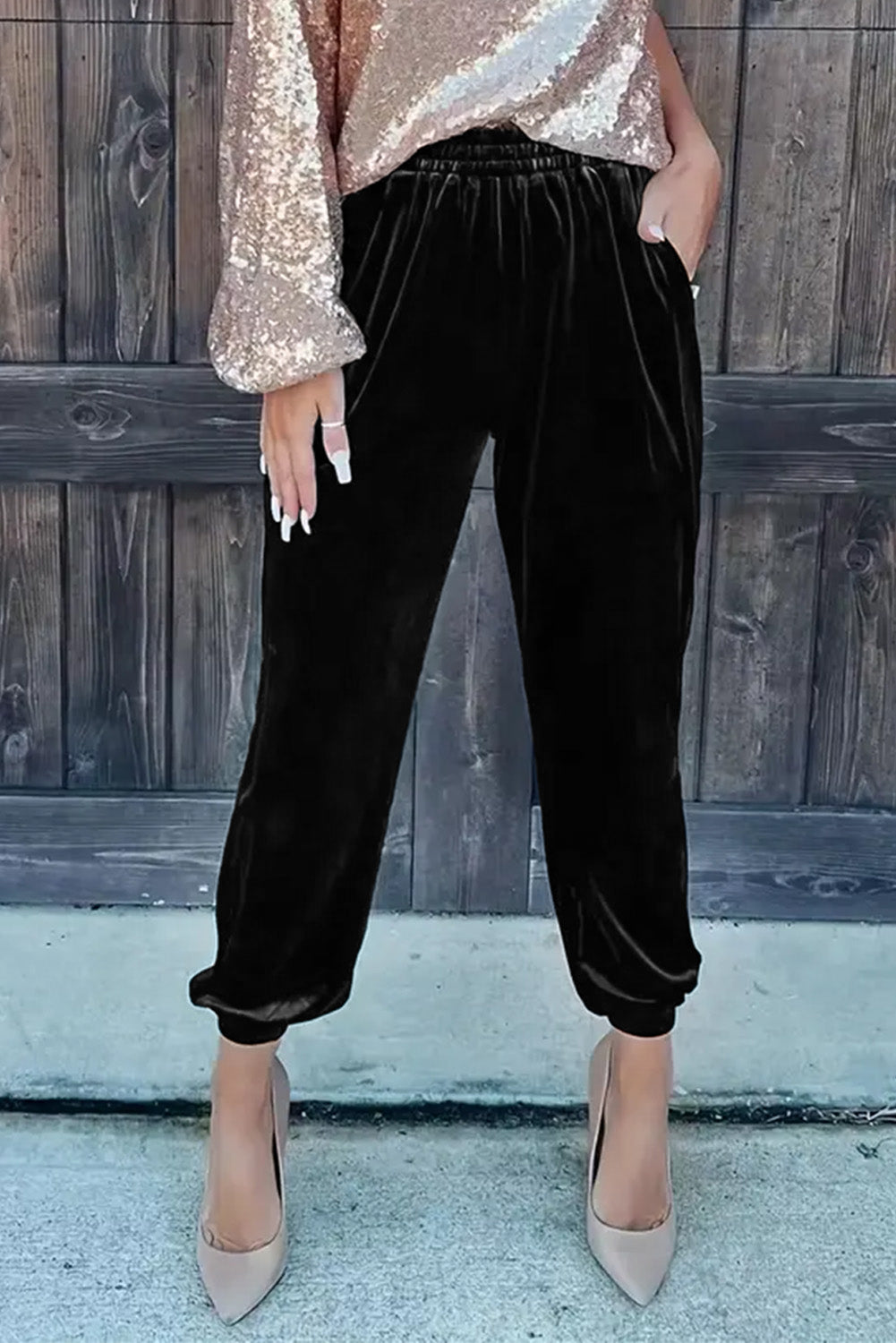 Black Solid Velvet Jogger Pants - Mudiwa 