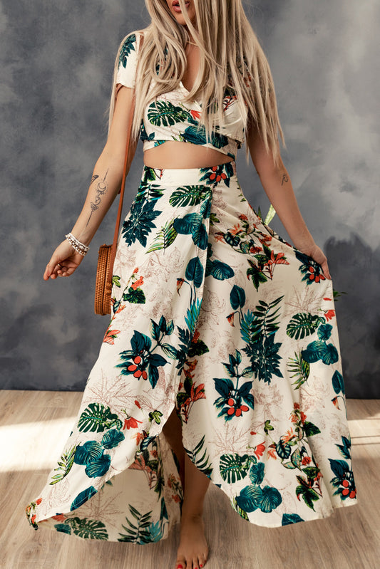 Apricot Tropical Print Crop Top and Maxi Skirt Set