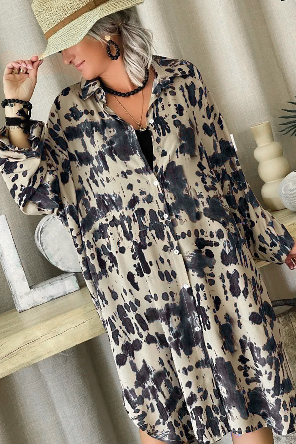 Apricot Splash Ink Print Long Sleeve Button Front Split Dress - Mudiwa 