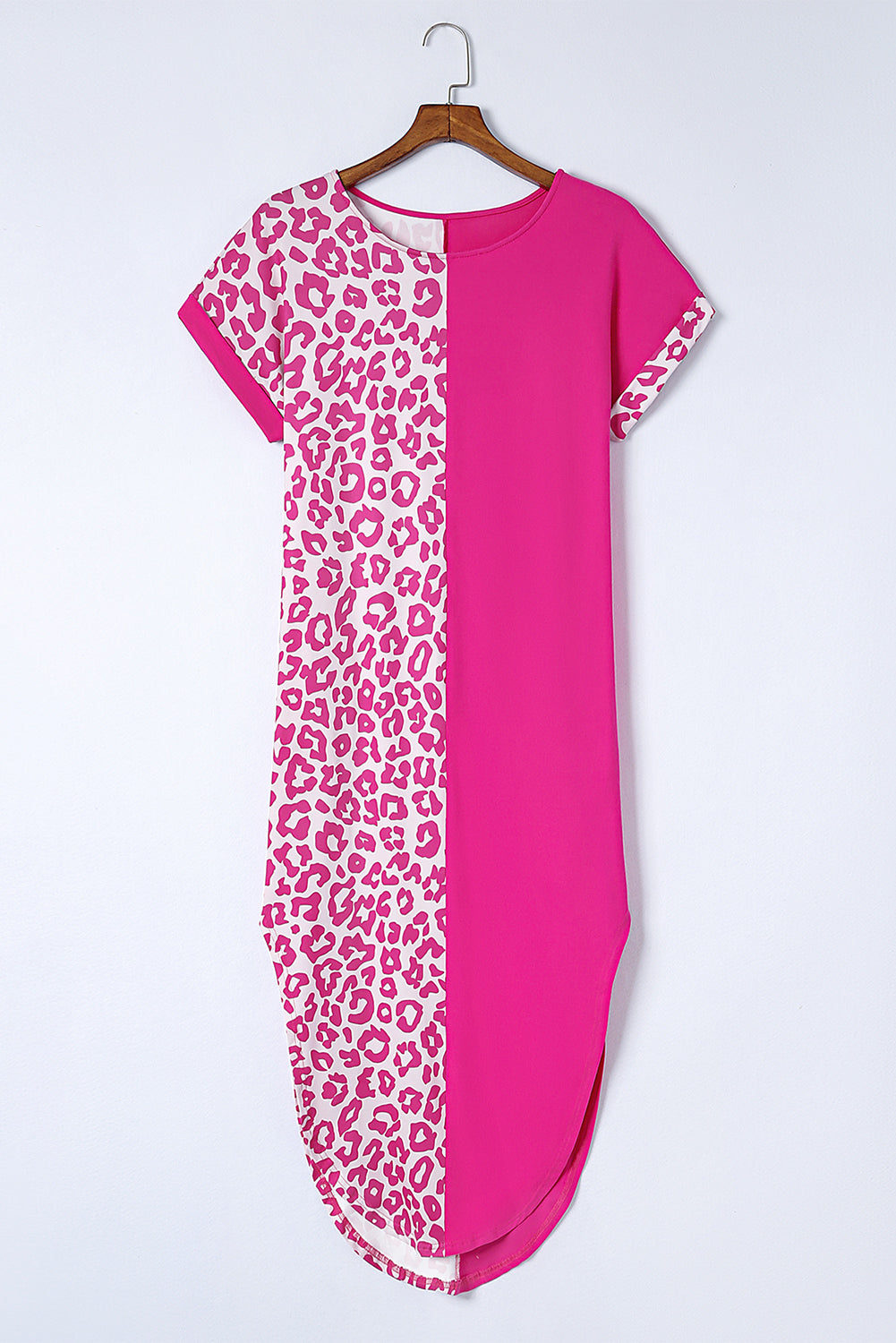 Rose Contrast Solid Leopard Short Sleeve T-shirt Dress with Slits - Mudiwa 