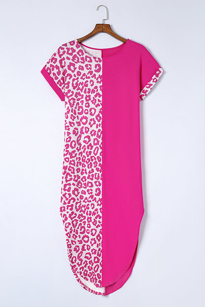 Rose Contrast Solid Leopard Short Sleeve T-shirt Dress with Slits - Mudiwa 