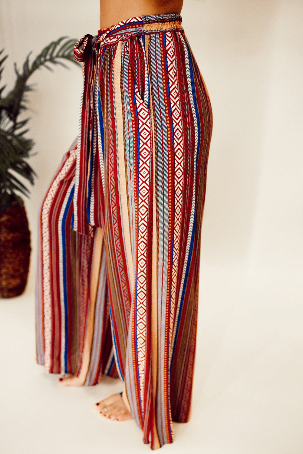 Red Boho Ethnic Striped Print Tie Waist Wide Leg Pants - Mudiwa 