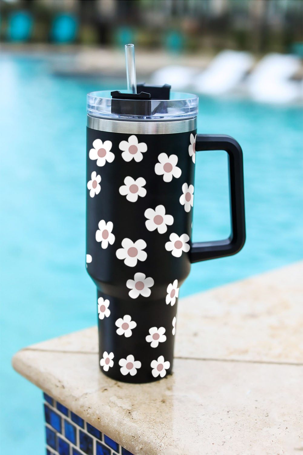 Black Floret Print Stainless Tumbler With Lid And Straw - Mudiwa 