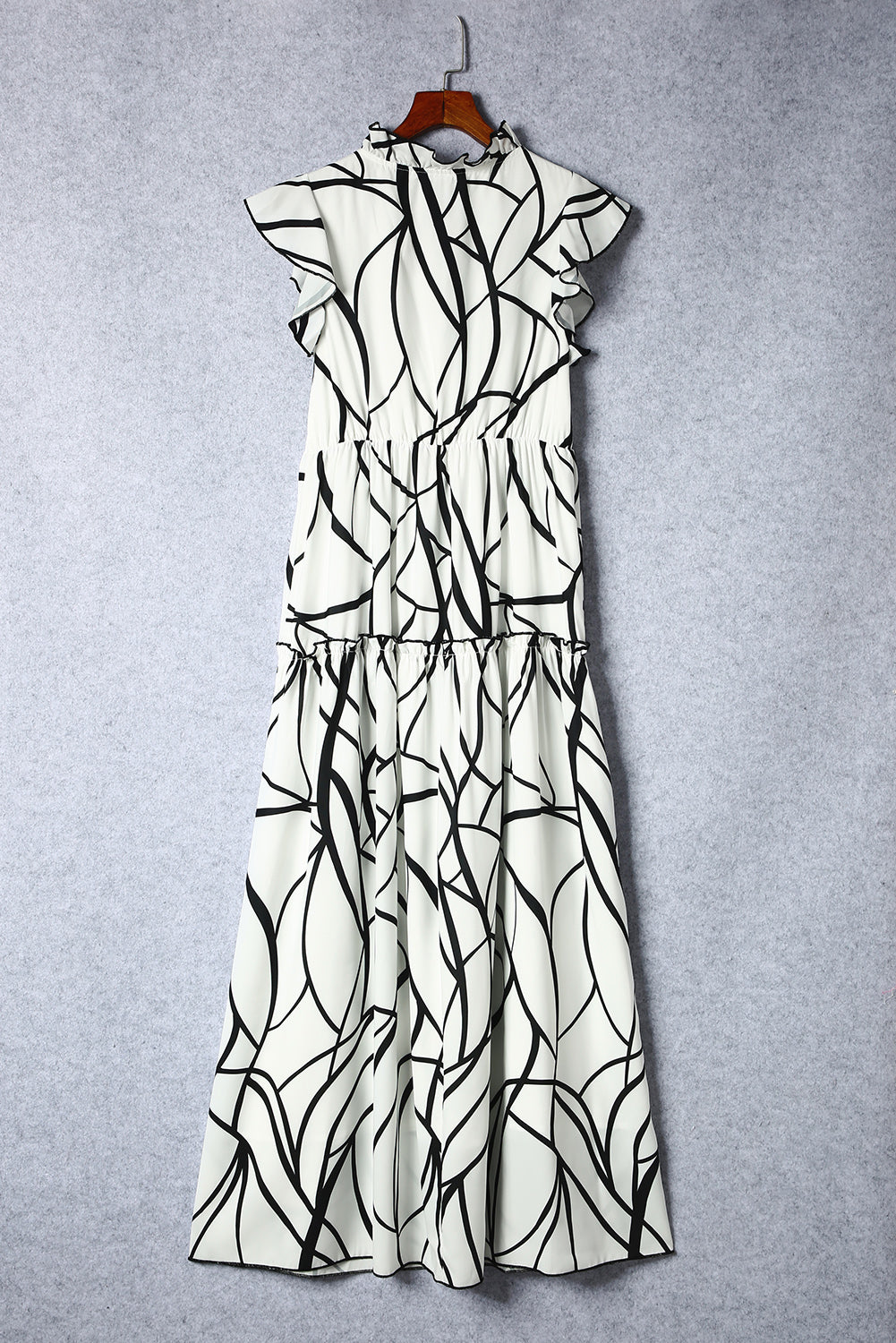 White Abstract Vein Print V Neck Ruffle Maxi Dress - Mudiwa 