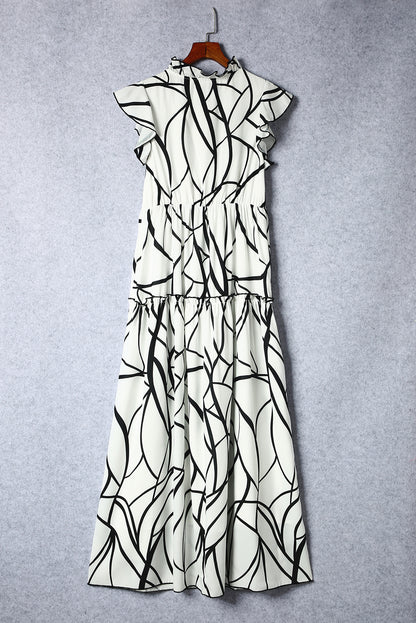 White Abstract Vein Print V Neck Ruffle Maxi Dress - Mudiwa 