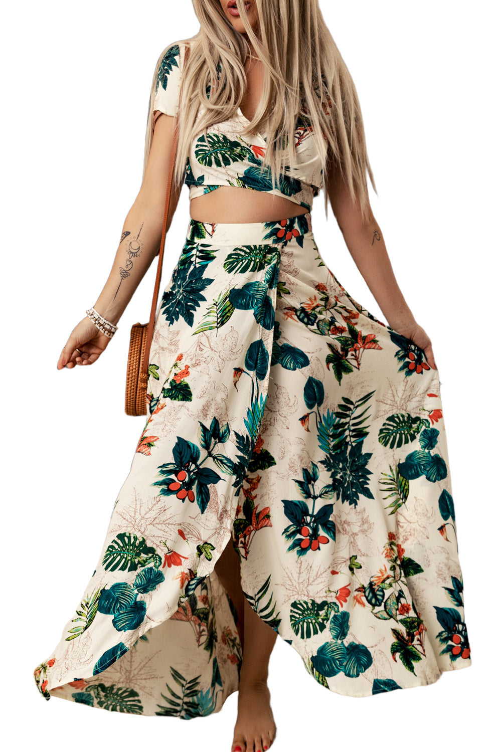 Apricot Tropical Print Crop Top and Maxi Skirt Set - Mudiwa 