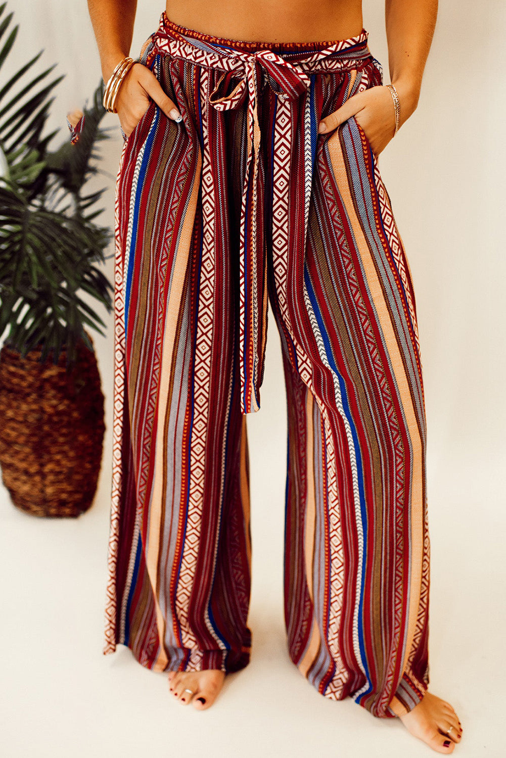 Red Boho Ethnic Striped Print Tie Waist Wide Leg Pants - Mudiwa 