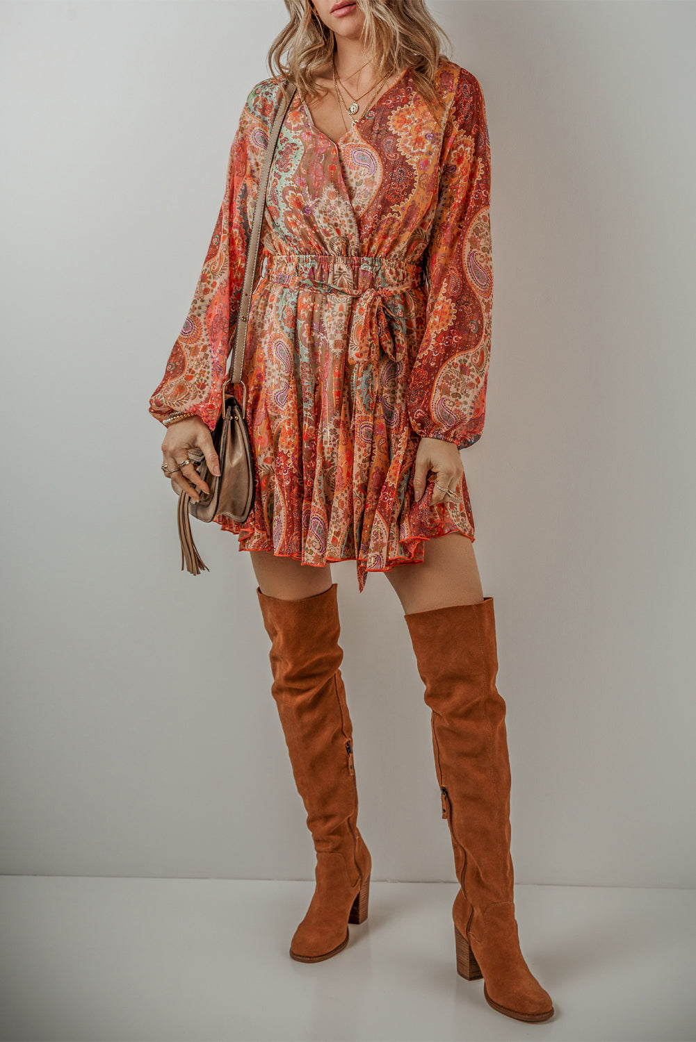 Orange Boho Paisley Print Long Sleeve Pleated Belted Mini Dress - Mudiwa 