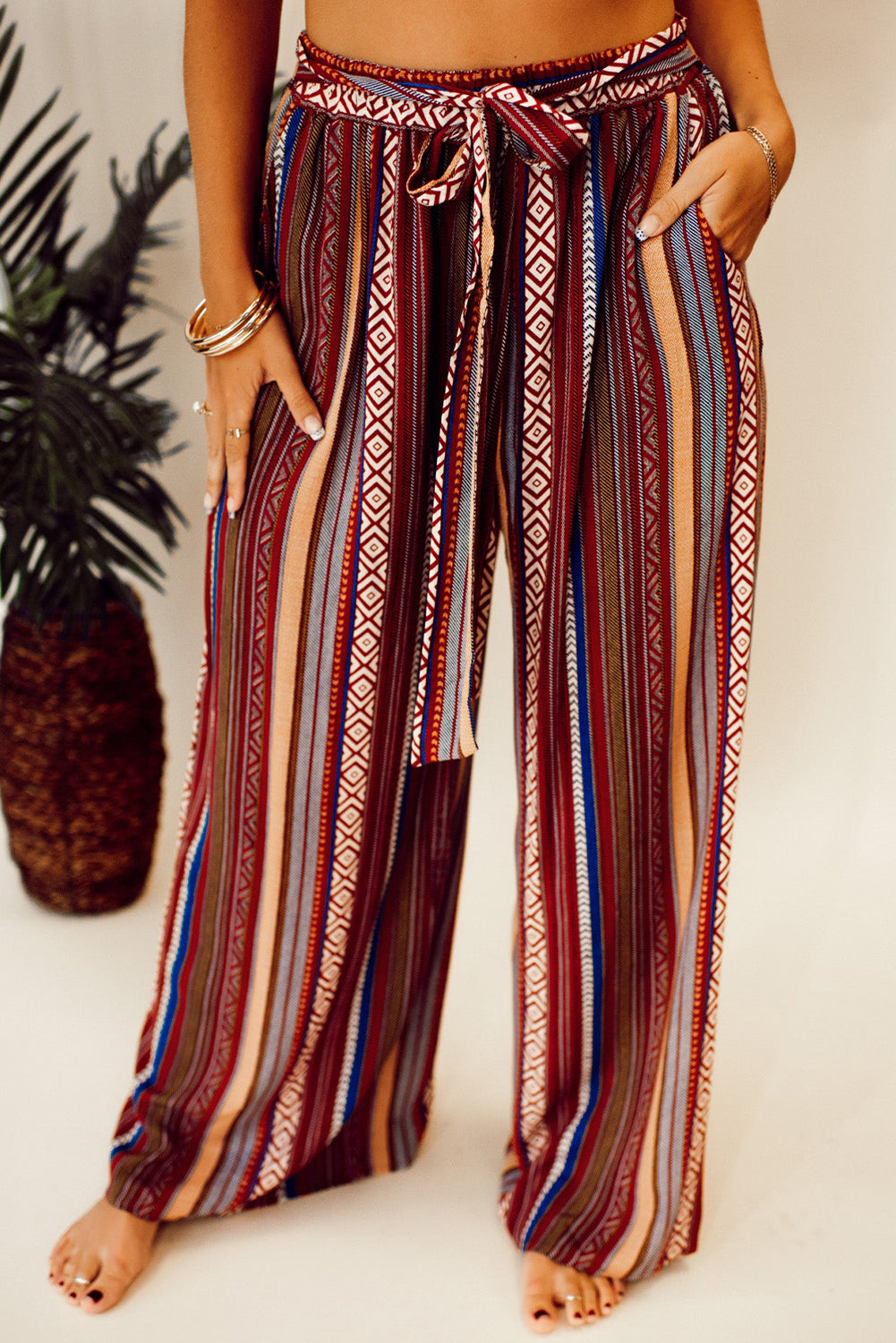 Red Boho Ethnic Striped Print Tie Waist Wide Leg Pants - Mudiwa 