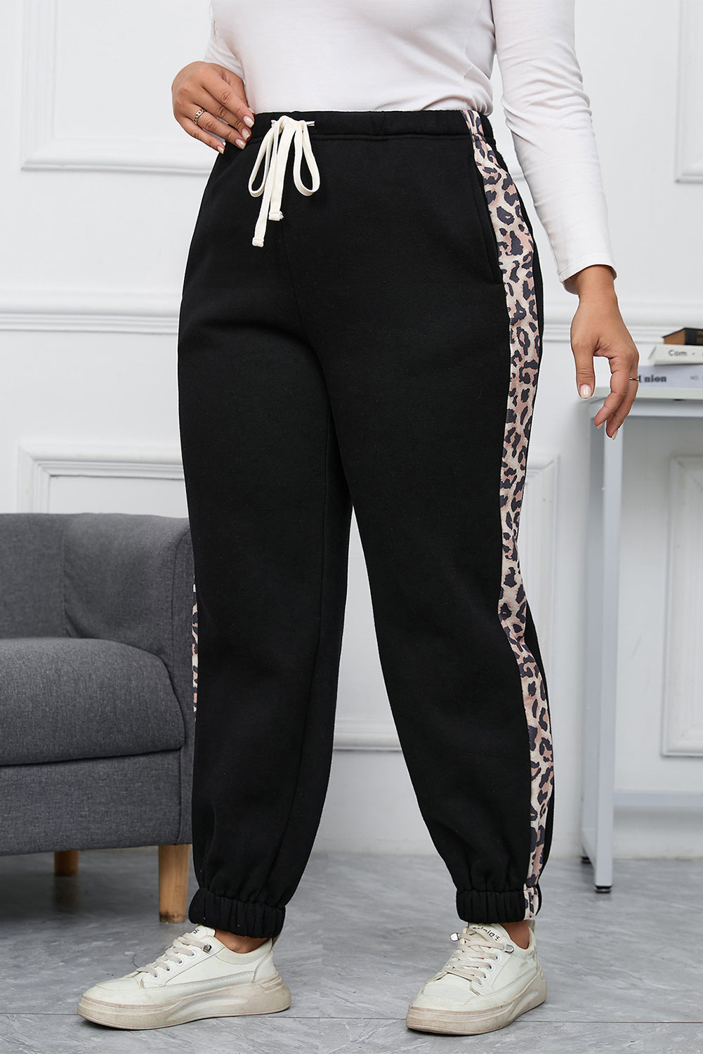 Black Plus Size Contrast Leopard Side Panel Joggers - Mudiwa 