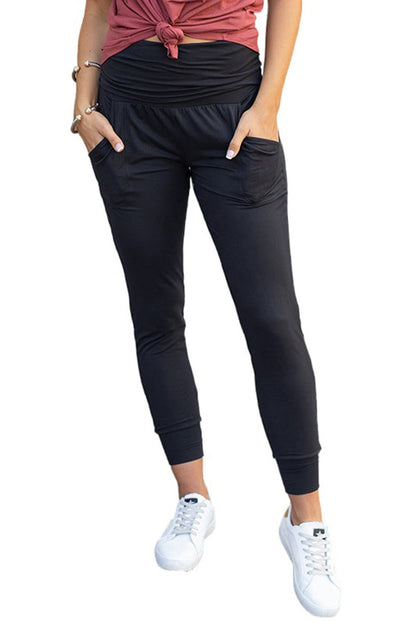 Black High Waist Pleated Pocket Leggings - Mudiwa 