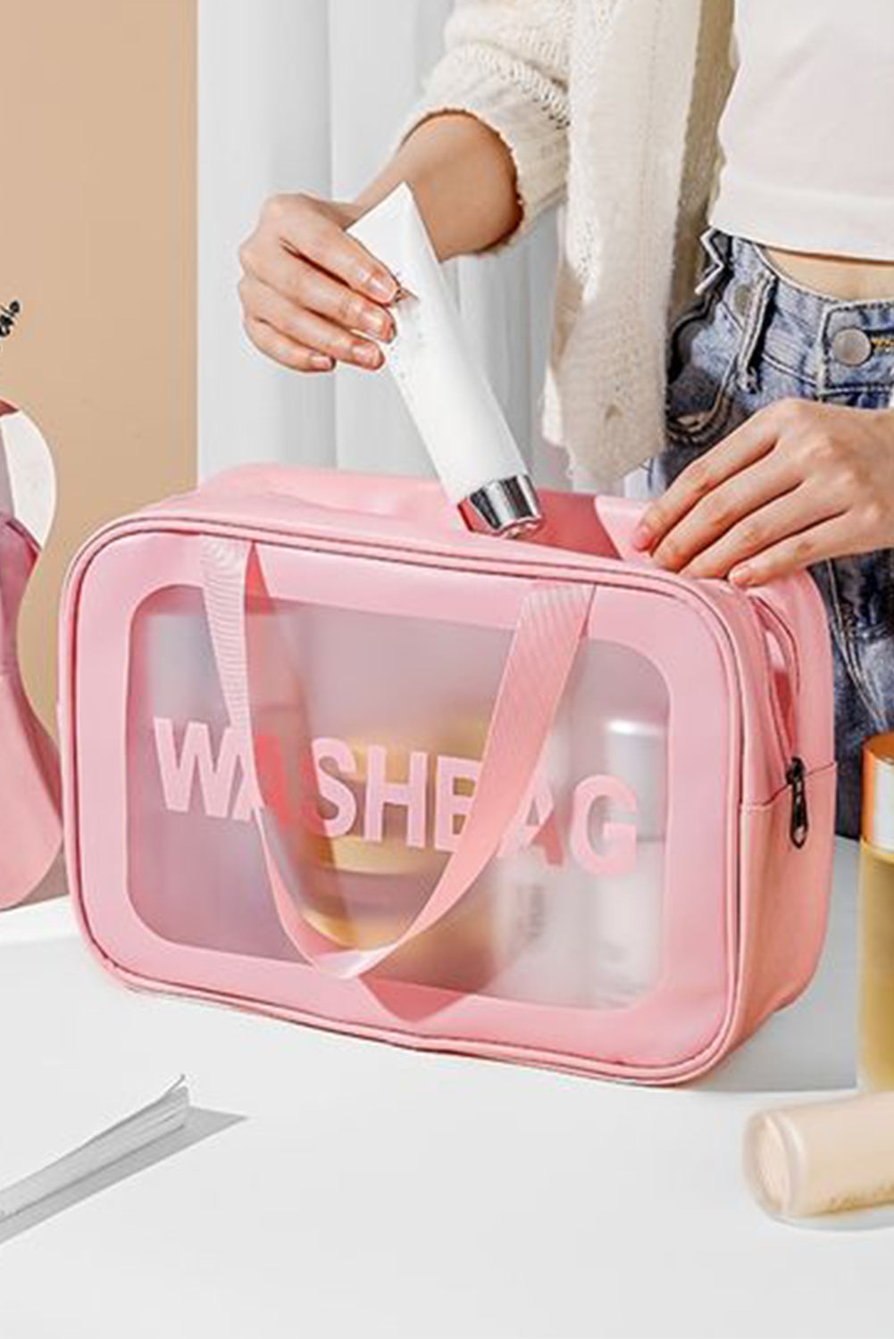 Pink WASHBAG Print Clear Frosted Waterproof 3pcs Bag Set - Mudiwa 