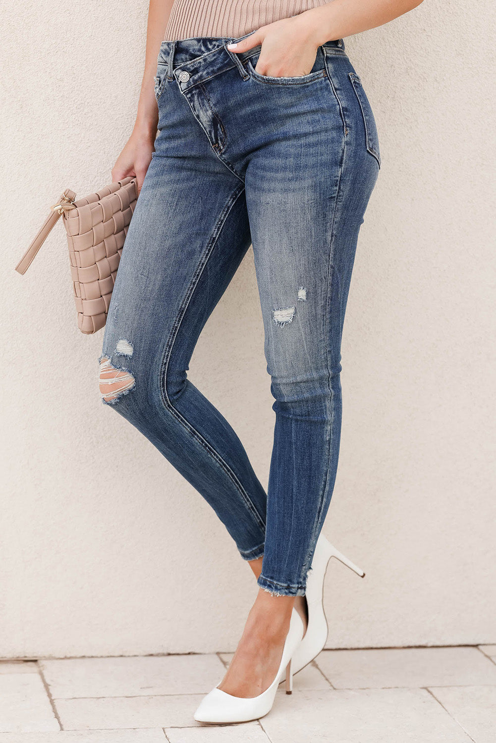 Sky Blue Asymmetric Button Zip Fly Distressed Skinny Jeans - Mudiwa 