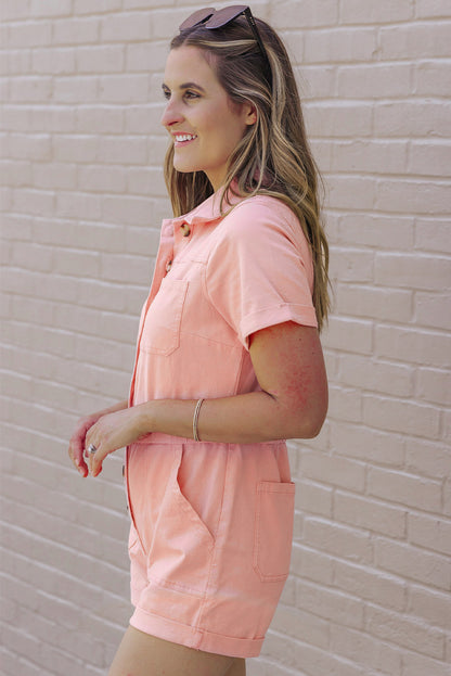 Pink Pocketed Button Down Denim Romper - Mudiwa 