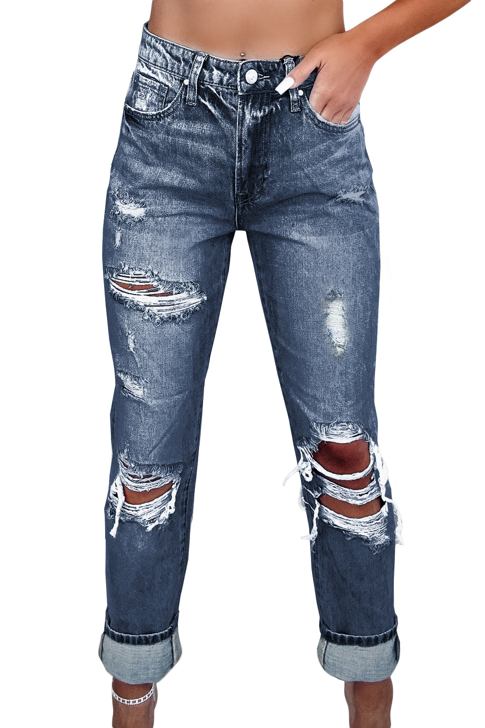 Navy Blue Light Wash Frayed Slim Fit High Waist Jeans - Mudiwa 