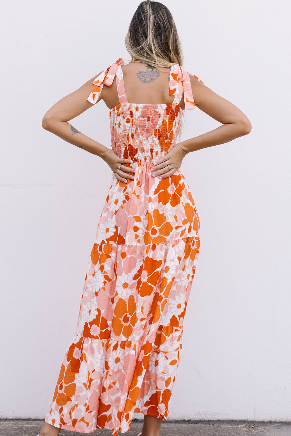 Orange Shirred Lace-up Strap Sleeveless Floral Maxi Dress