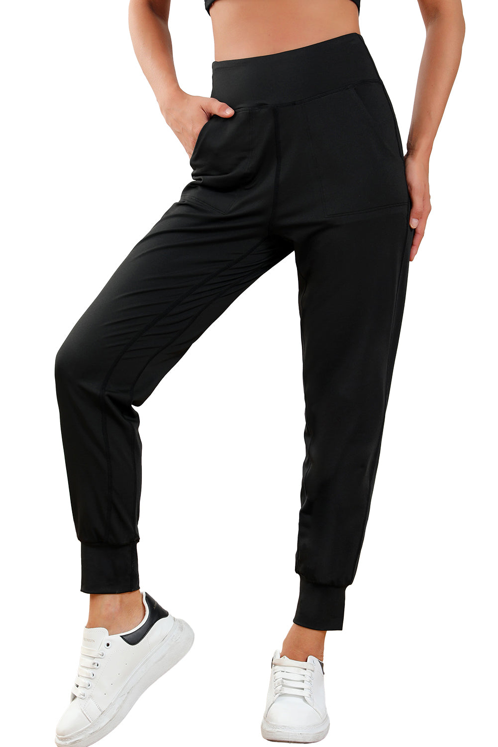 Black Exposed Seam High Waist Pocketed Joggers - Mudiwa 