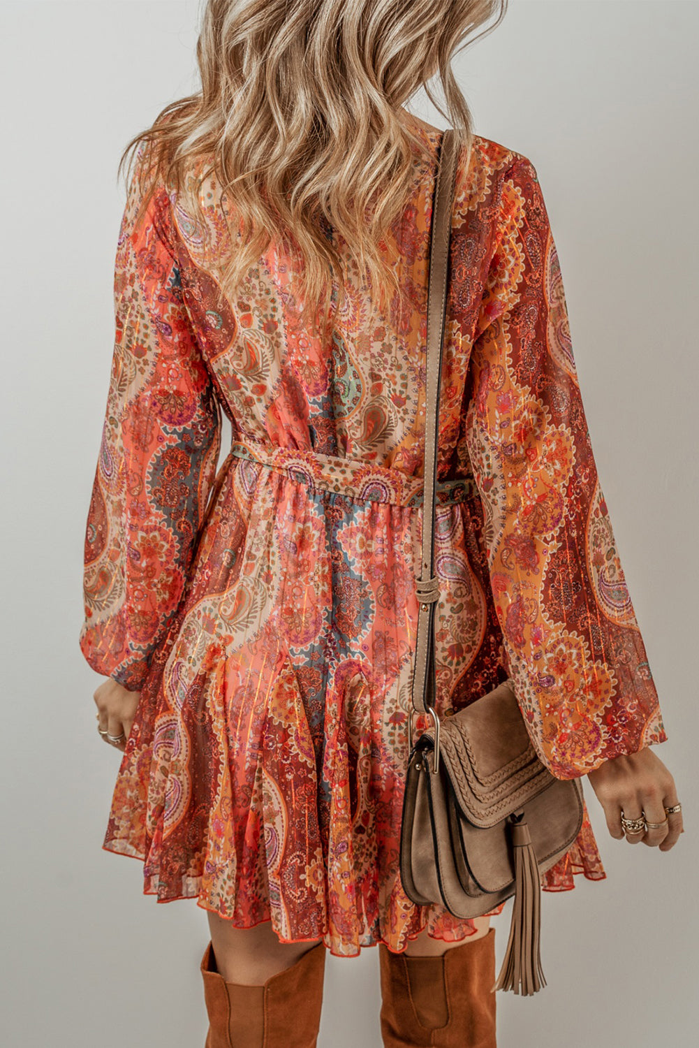 Orange Boho Paisley Print Long Sleeve Pleated Belted Mini Dress - Mudiwa 