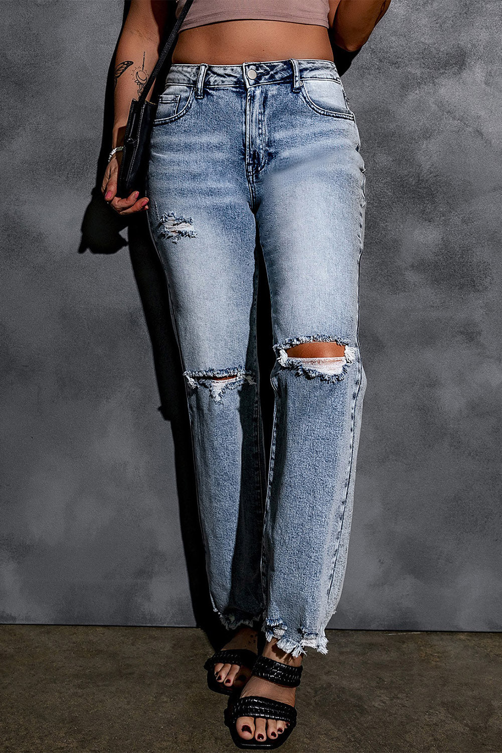 Sky Blue Washed Ripped Wide Leg High Waist Jeans - Mudiwa 