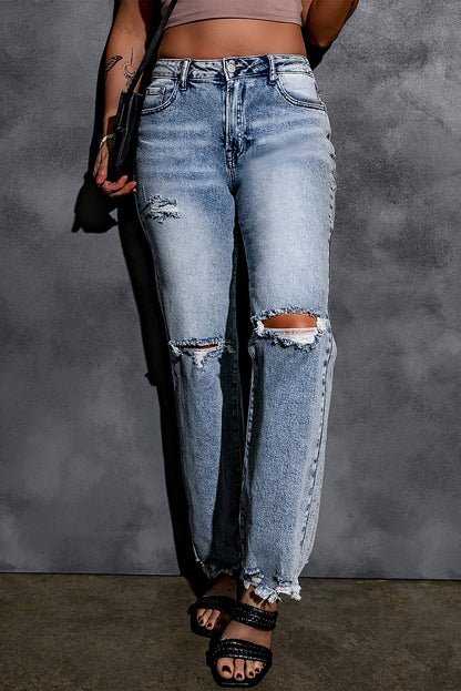 Sky Blue Washed Ripped Wide Leg High Waist Jeans - Mudiwa 