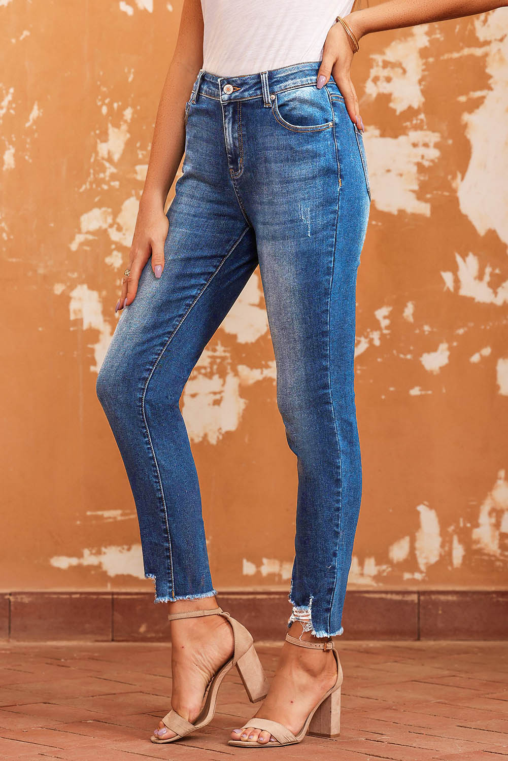 Blue Raw Hem Ankle-length Skinny Jeans - Mudiwa 