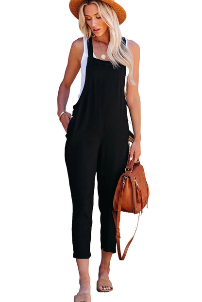 Black Adjustable Buckle Straps Cropped Jumpsuit - Mudiwa 