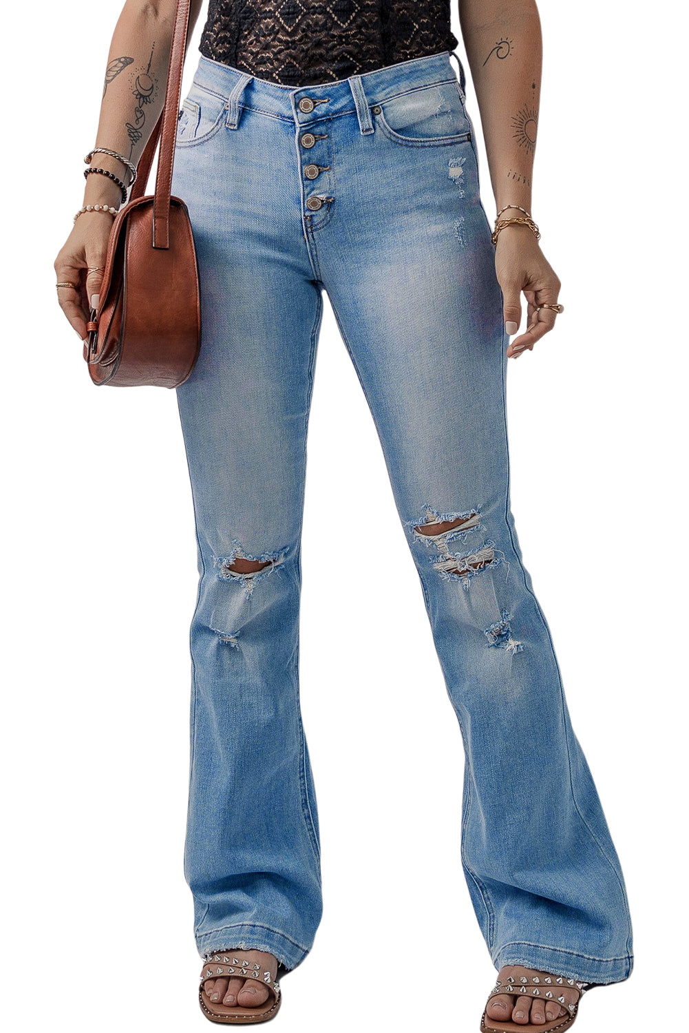 Beau Blue High Waist Button Front Ripped Flare Jeans - Mudiwa 