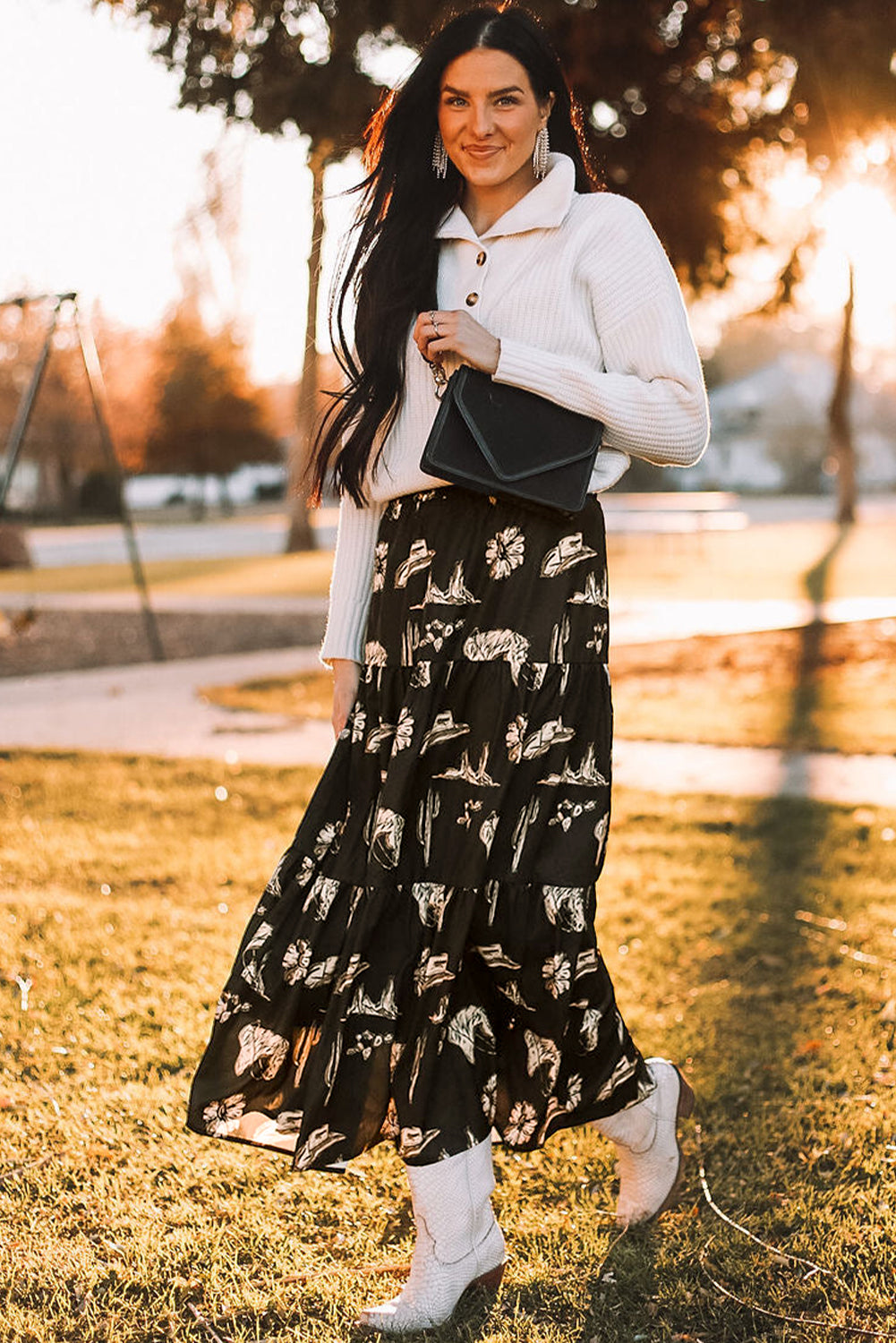 Black Western Print Tiered Ruffled High Waist Maxi Skirt - Mudiwa 