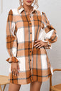 Khaki Plaid Pattern Collared Neck Ruffled Sleeve Shirt Dress - Mudiwa 