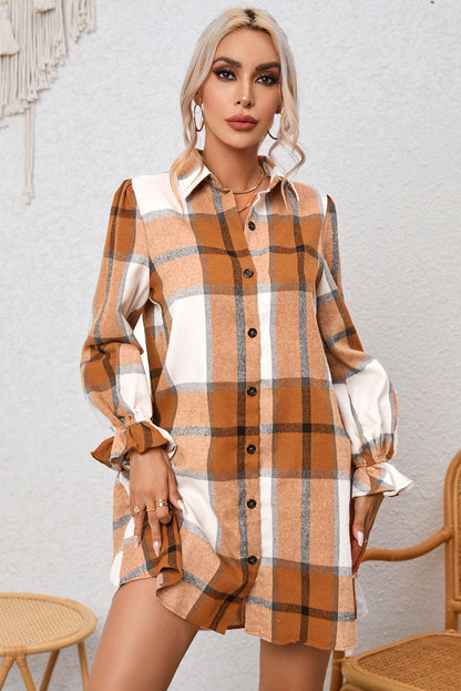 Khaki Plaid Pattern Collared Neck Ruffled Sleeve Shirt Dress - Mudiwa 