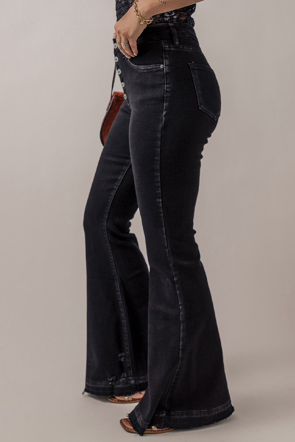 Black High Waist Button Front Flare Jeans - Mudiwa 