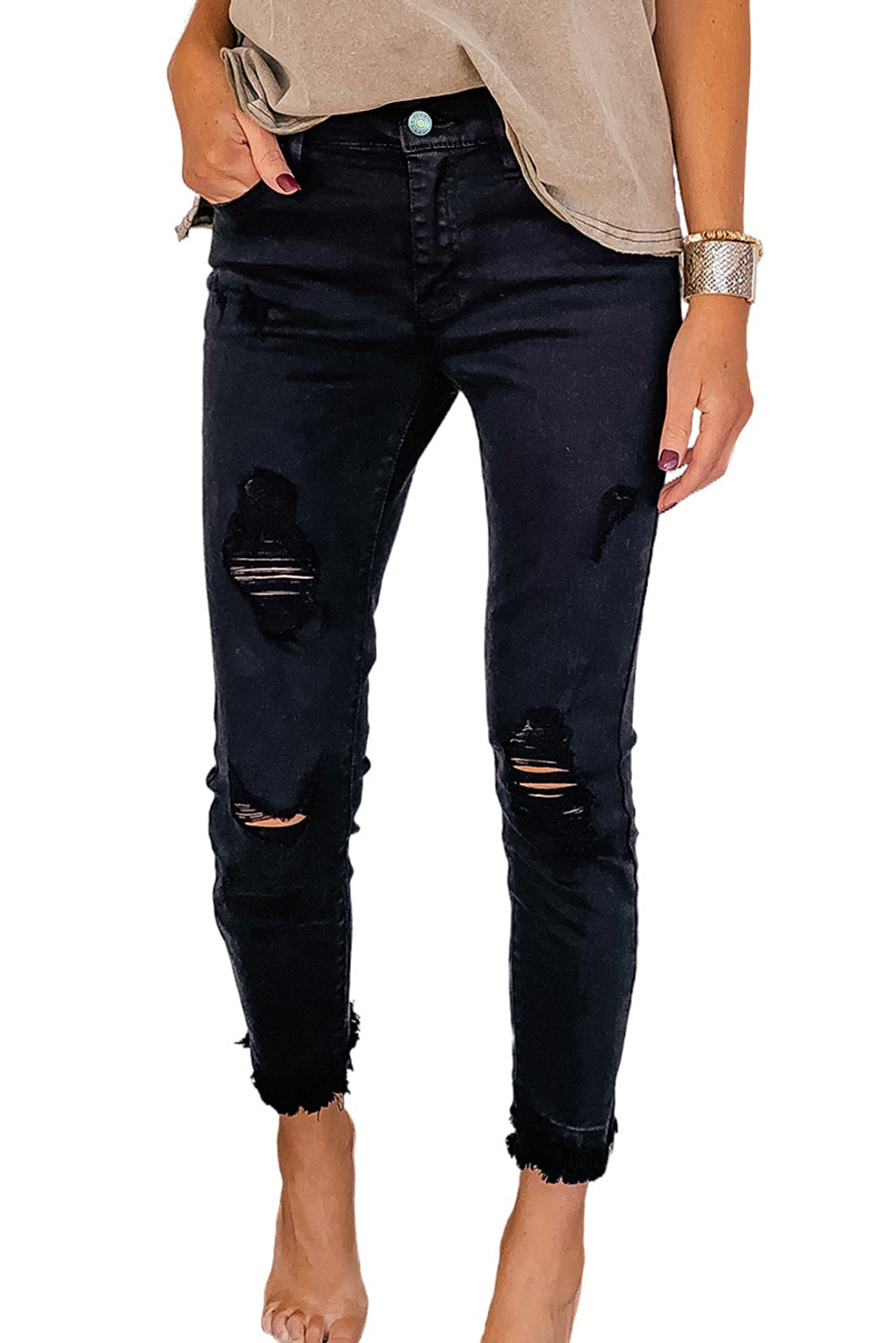 Black Distressed Raw Edge Cropped Skinny Jeans - Mudiwa 