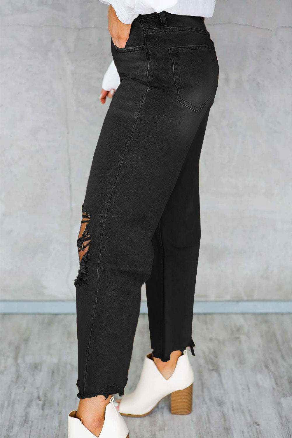 Black Distressed Hollow-out High Waist Cropped Flare Jeans - Mudiwa 