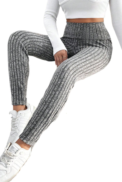 Gray Wide Waistband Ribbed Textured Knit Leggings - Mudiwa 