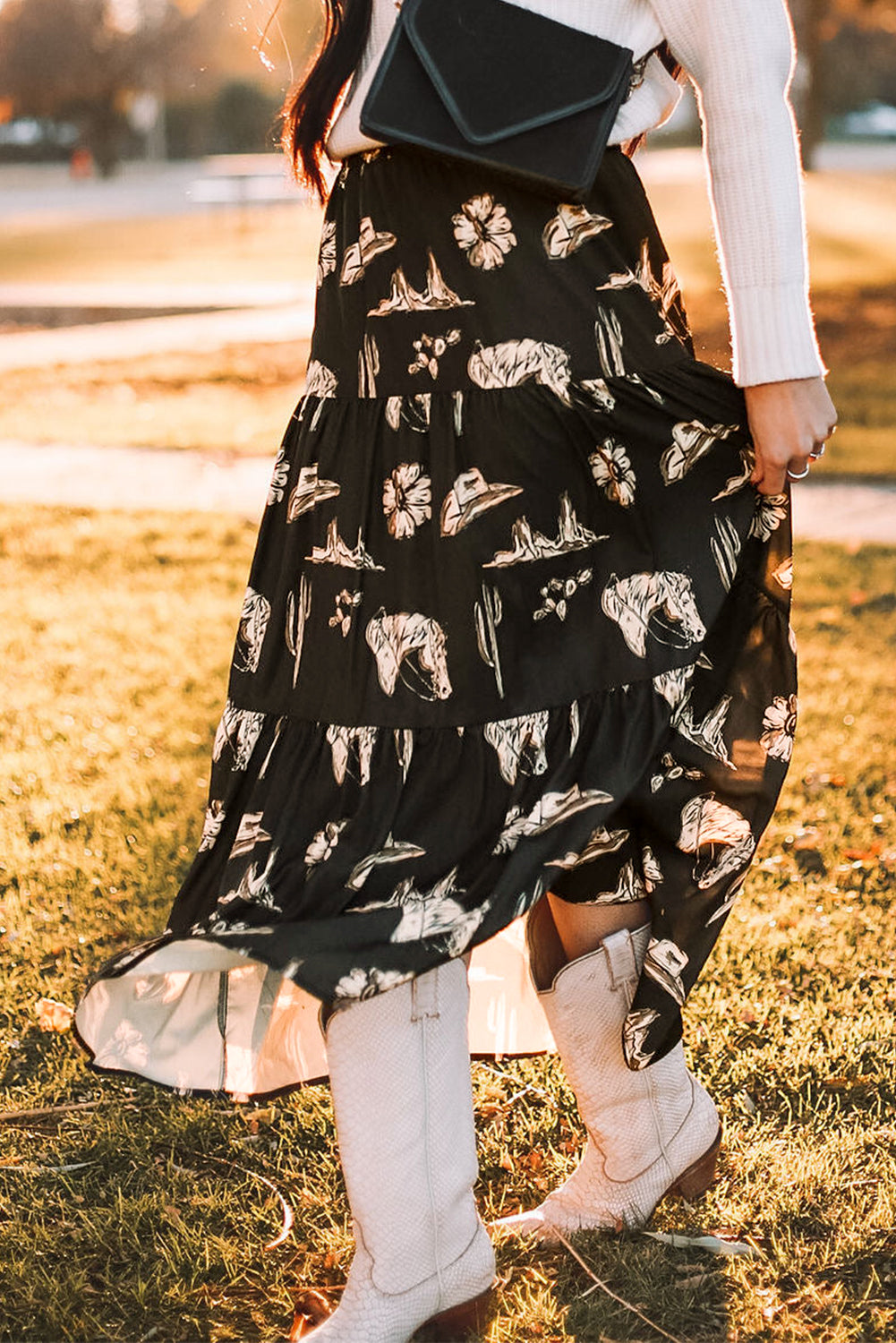 Black Western Print Tiered Ruffled High Waist Maxi Skirt - Mudiwa 