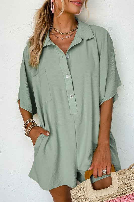 Spinach Green Half Button Collared Loose Romper - Mudiwa 