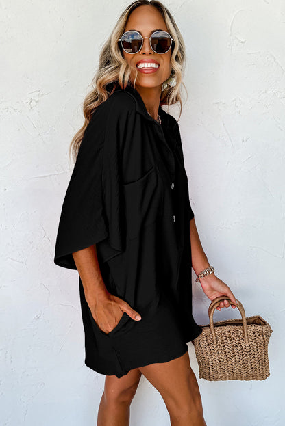 Black Half Button Collared Loose Romper - Mudiwa 