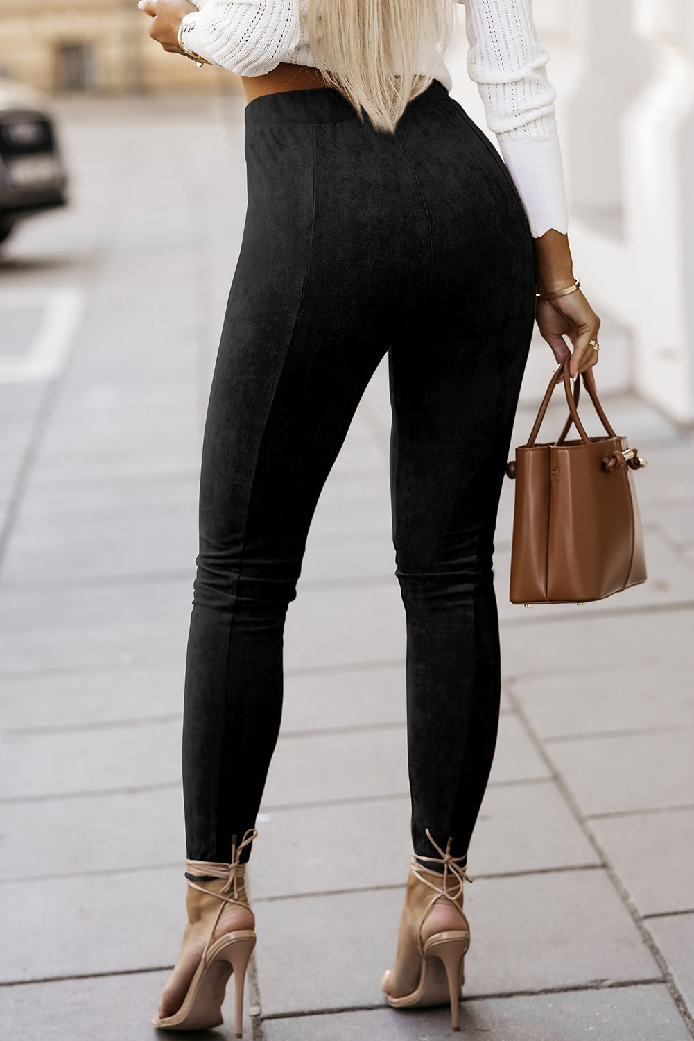 Black High Waist Faux Suede Skinny Leggings - Mudiwa 