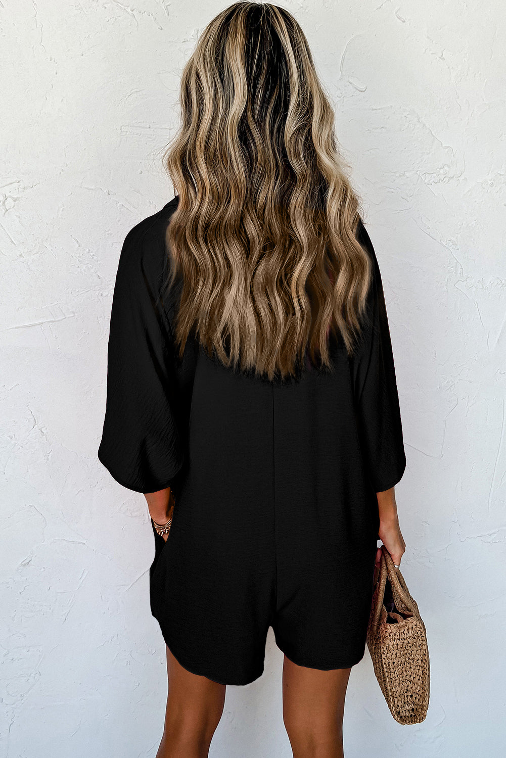 Black Half Button Collared Loose Romper - Mudiwa 