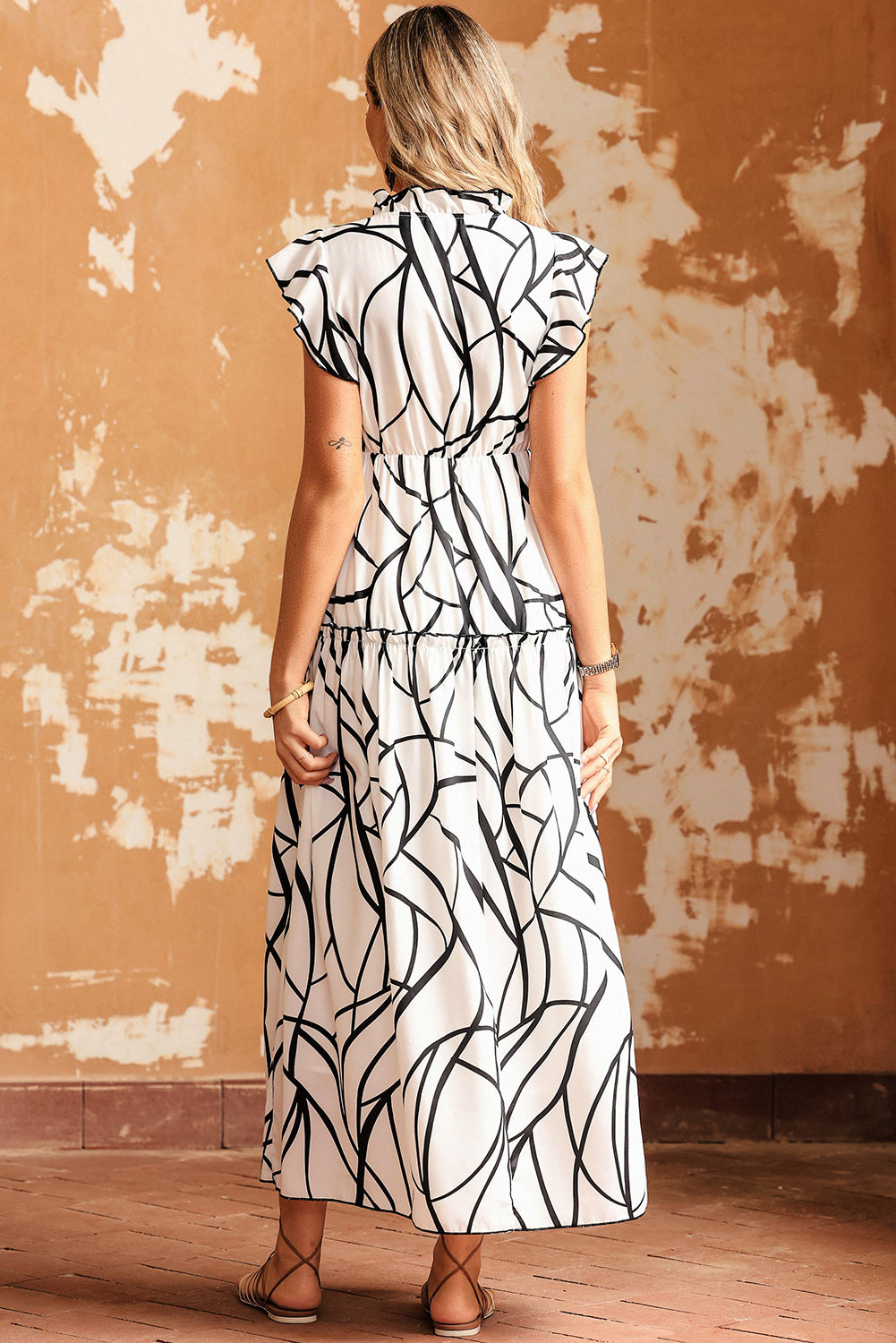 White Abstract Vein Print V Neck Ruffle Maxi Dress - Mudiwa 