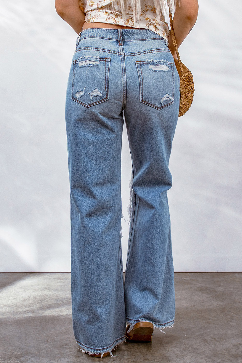 Sky Blue Destroyed Open Knee Wide Leg Jeans - Mudiwa 