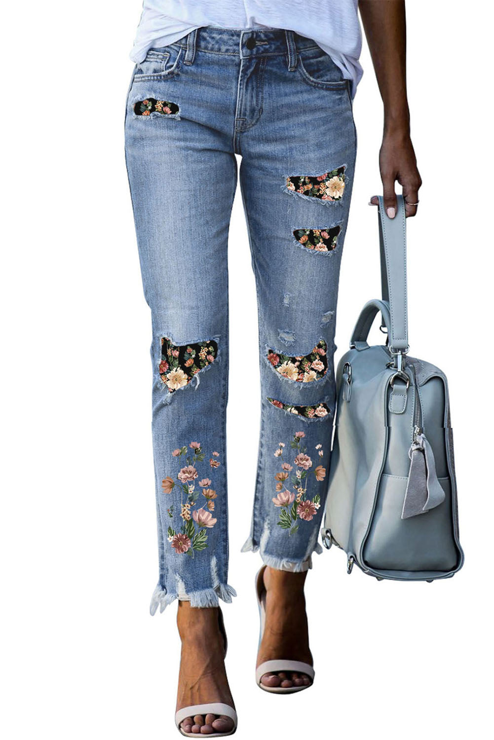 Sky Blue Printed Patch Ripped Skinny Jeans - Mudiwa 