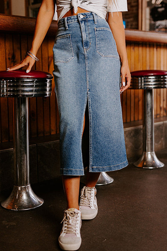 Sky Blue 4 Patch Pockets Front Slit Midi Denim Skirt - Mudiwa 