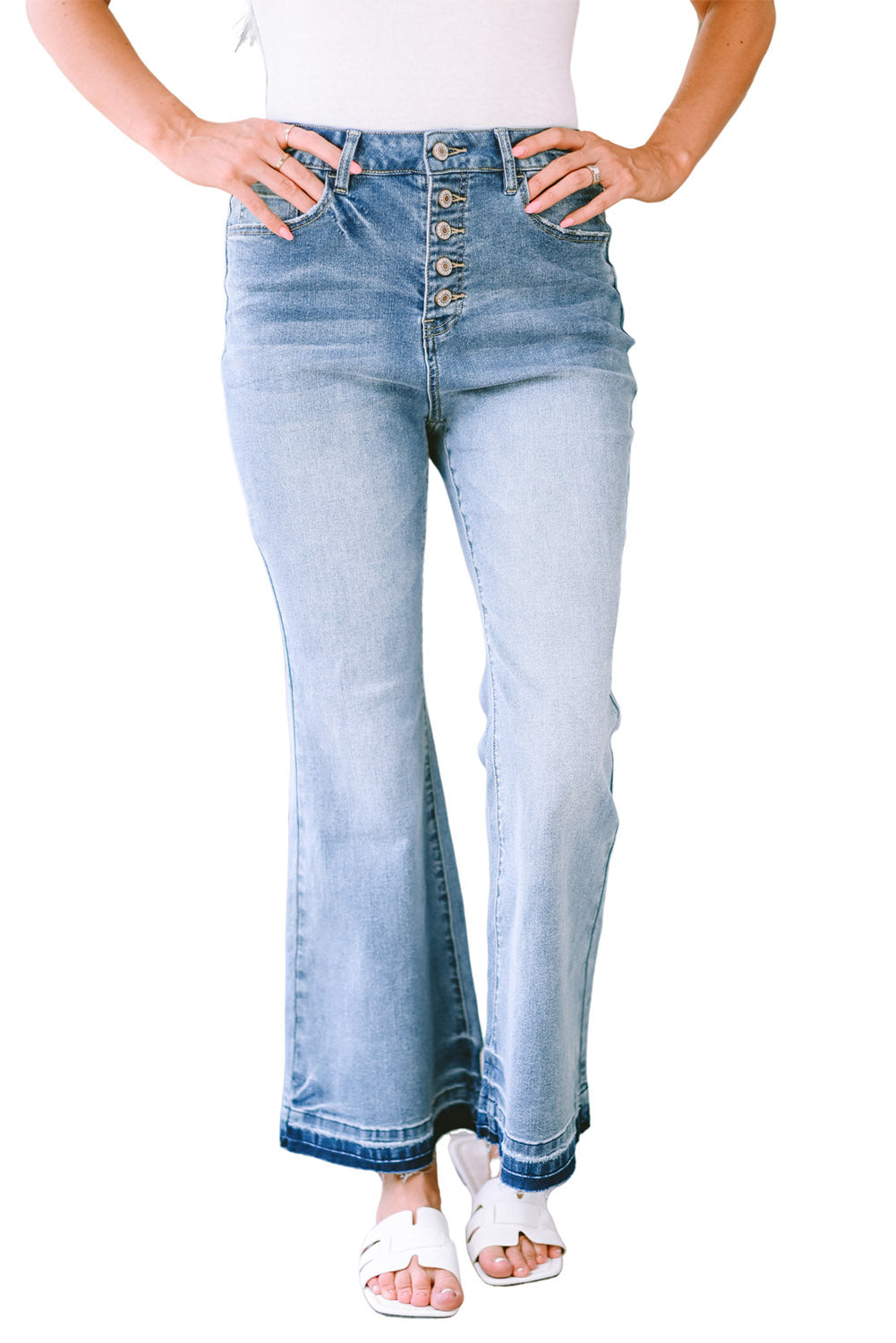 Sky Blue High Waist Buttoned Distressed Flared Jeans - Mudiwa 