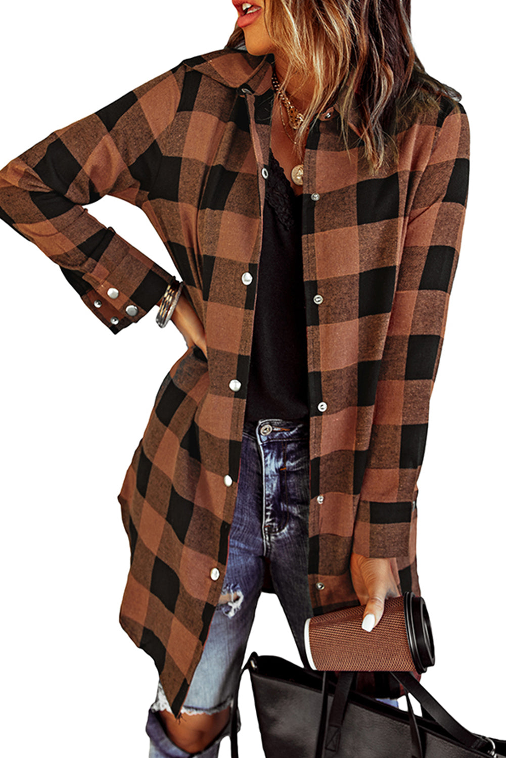 Brown Turn-down Collar Plaid Shirt Coat - Mudiwa 