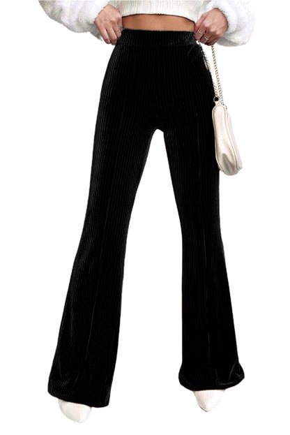 Black Solid Color High Waist Flare Corduroy Pants - Mudiwa 