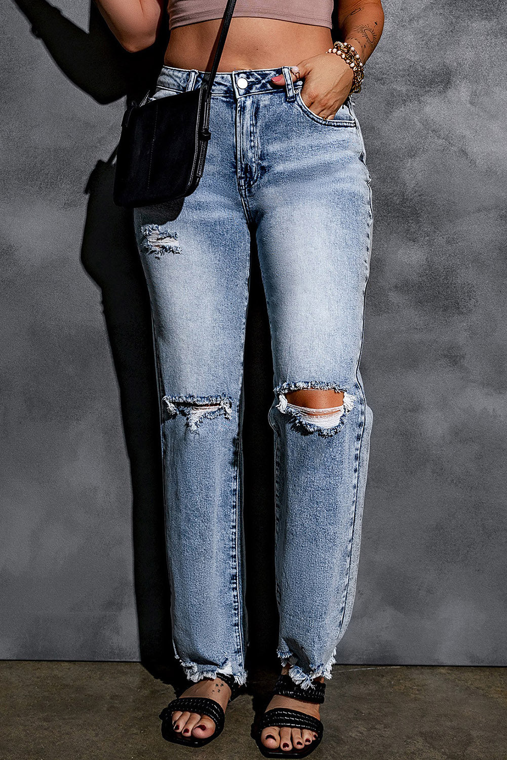 Sky Blue Washed Ripped Wide Leg High Waist Jeans - Mudiwa 