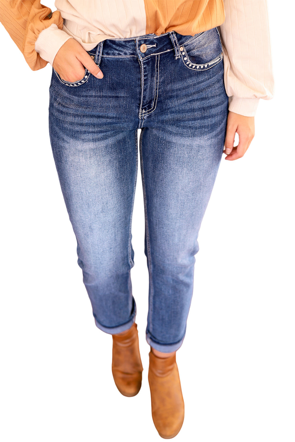 Sky Blue Embroidered Cow Straight Leg Jeans - Mudiwa 