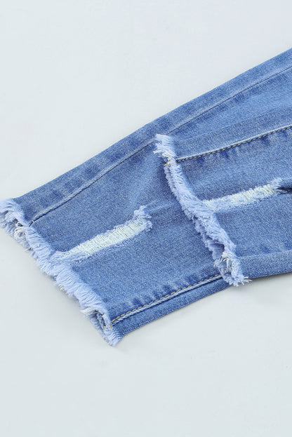 Sky Blue Drawstring Elastic Waist Hole Ripped Jeans - Mudiwa 