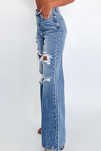 Ashleigh Blue Acid Wash Distressed Wide Leg High Waist Jeans - Mudiwa 